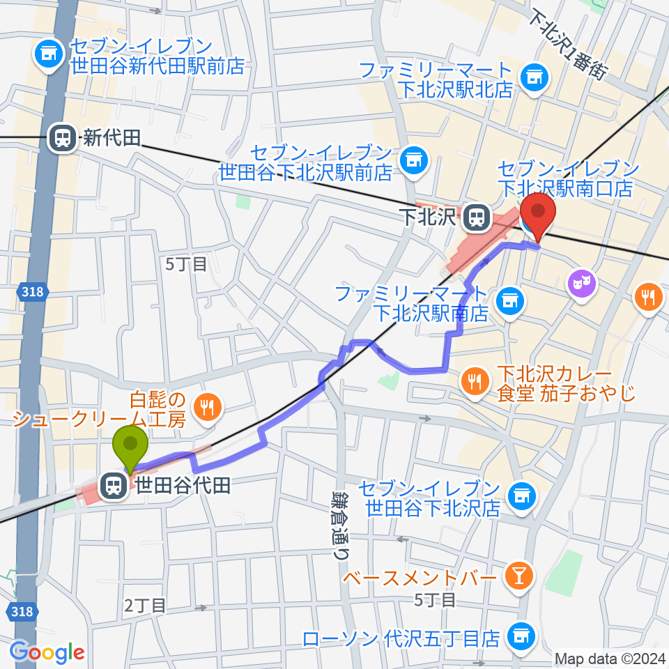 世田谷代田駅から駅前劇場へのルートマップ地図