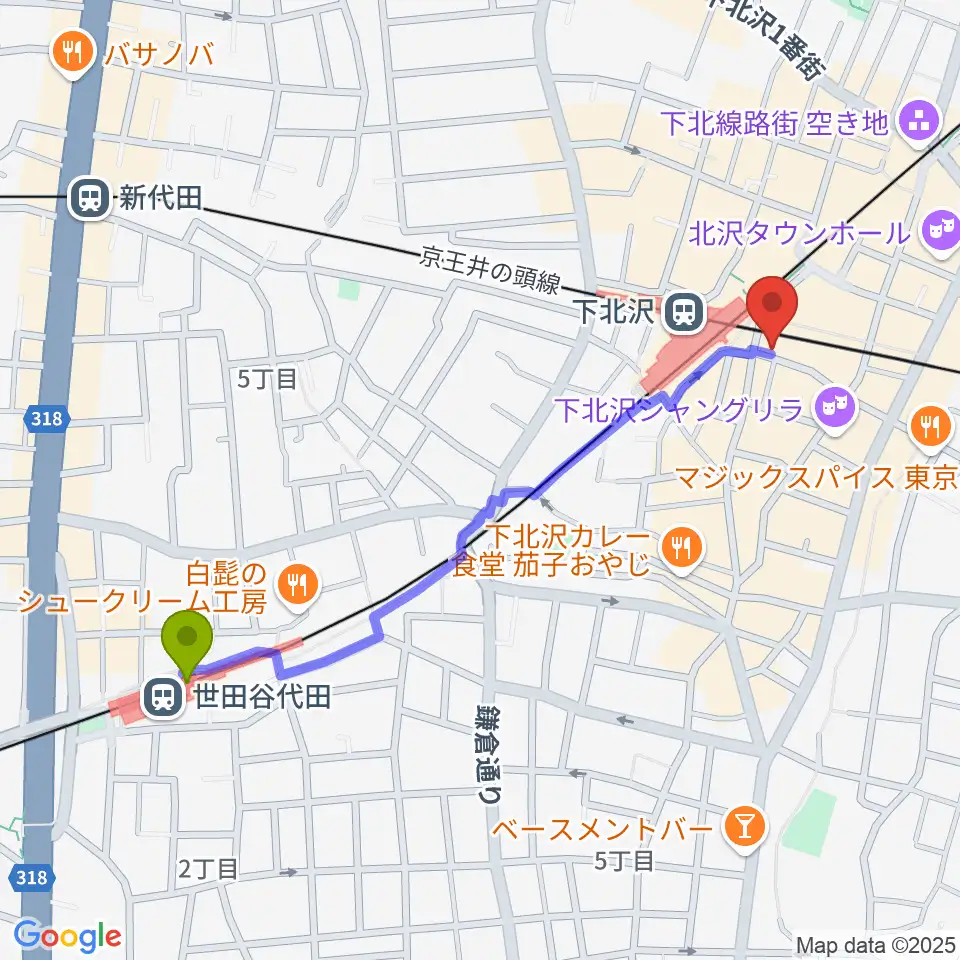 世田谷代田駅から駅前劇場へのルートマップ地図