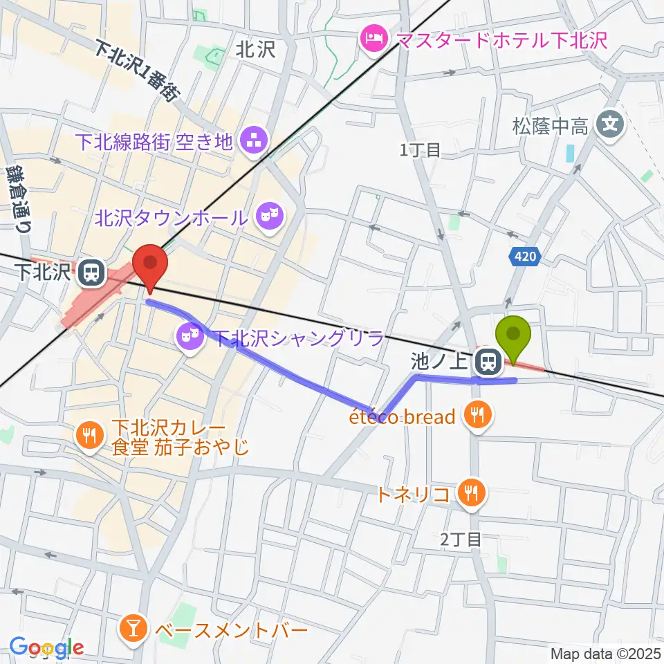 池ノ上駅からOFF・OFFシアターへのルートマップ地図