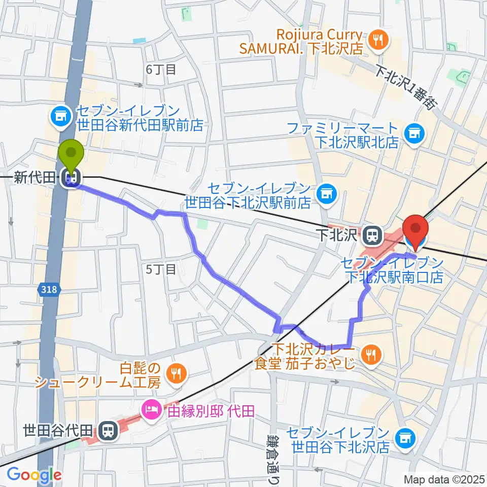 新代田駅からOFF・OFFシアターへのルートマップ地図
