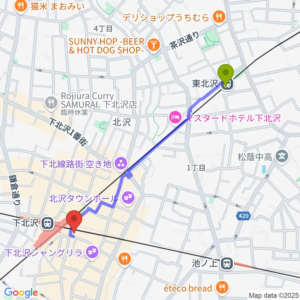 東北沢駅からOFF・OFFシアターへのルートマップ地図