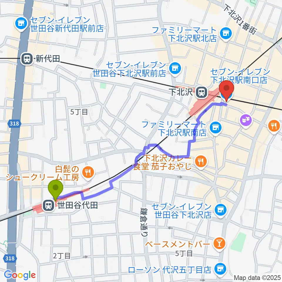 世田谷代田駅からOFF・OFFシアターへのルートマップ地図