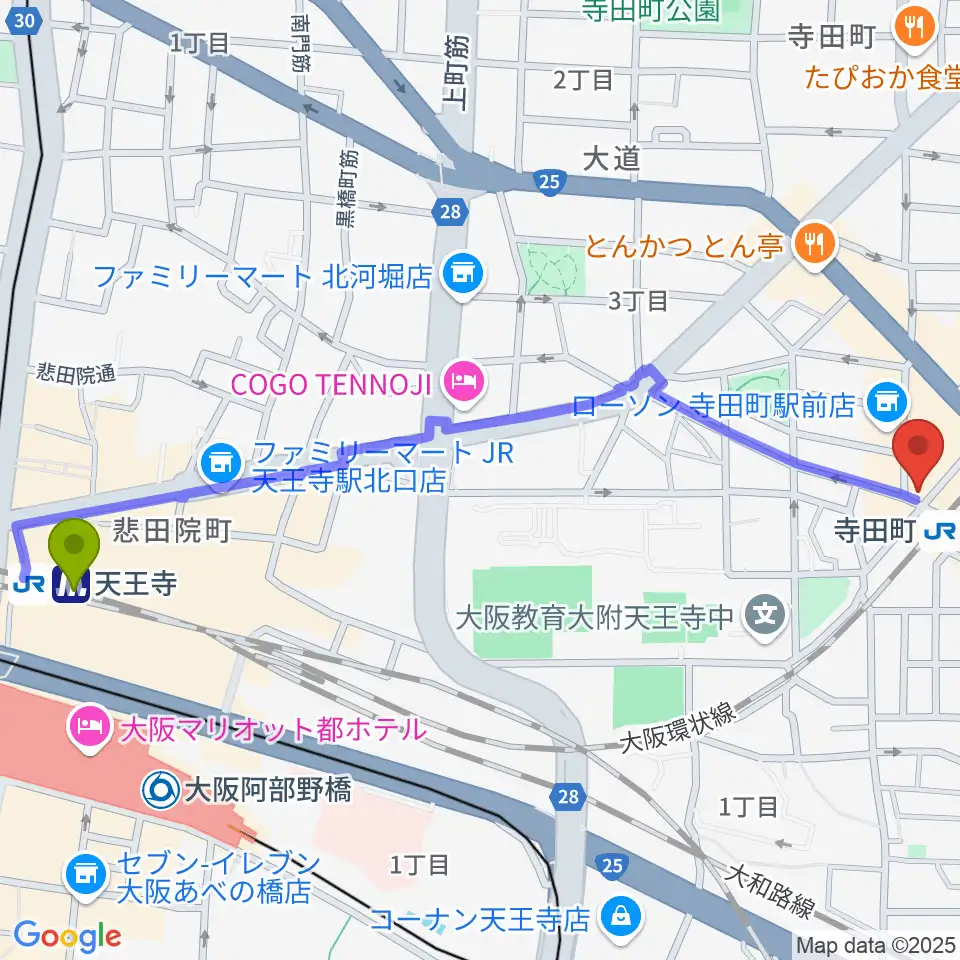 天王寺駅から寺田町Fireloopへのルートマップ地図