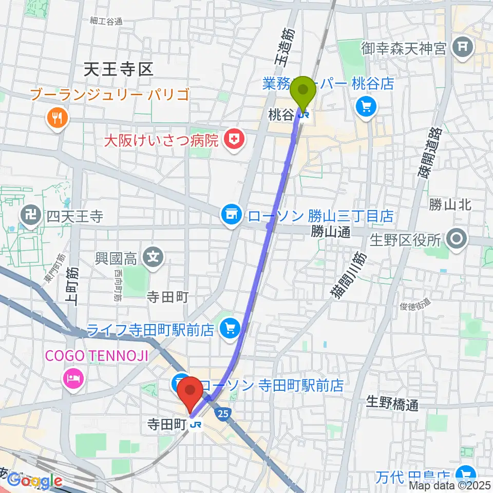桃谷駅から寺田町Fireloopへのルートマップ地図