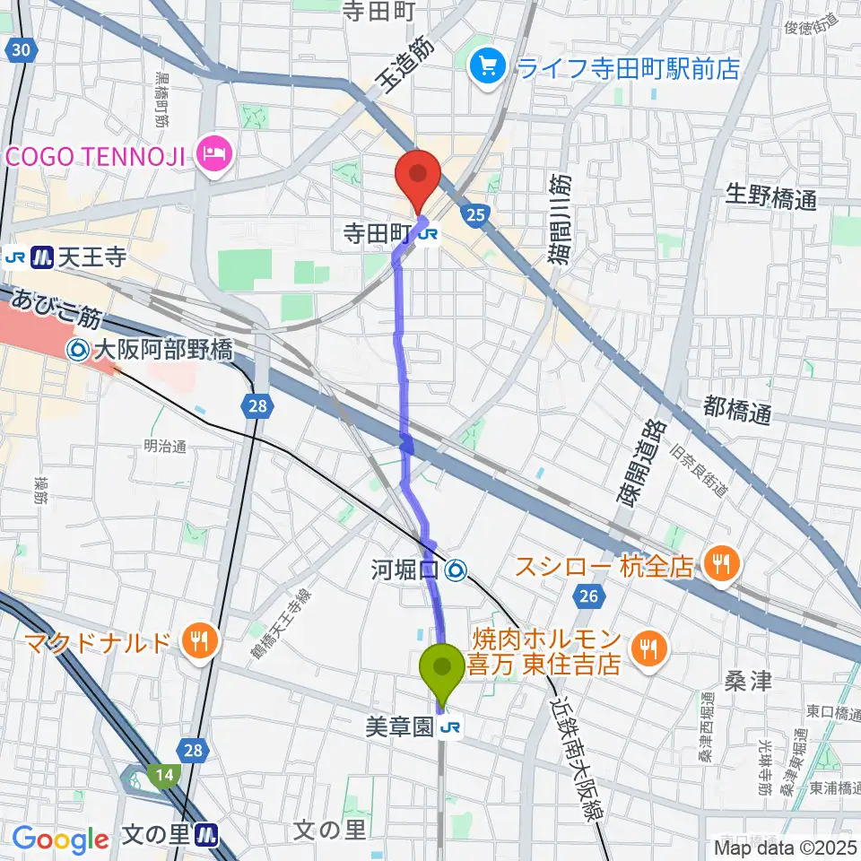 美章園駅から寺田町Fireloopへのルートマップ地図