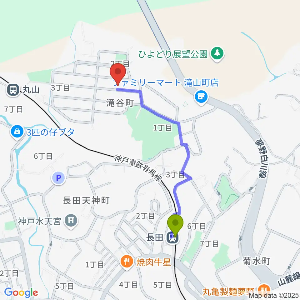 長田駅からアコースティック工房Heavenへのルートマップ地図