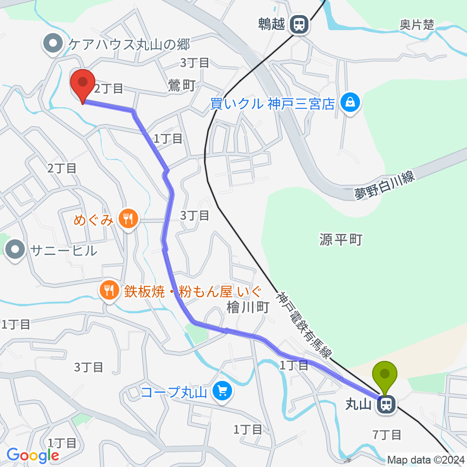 丸山駅からアコースティック工房Heavenへのルートマップ地図