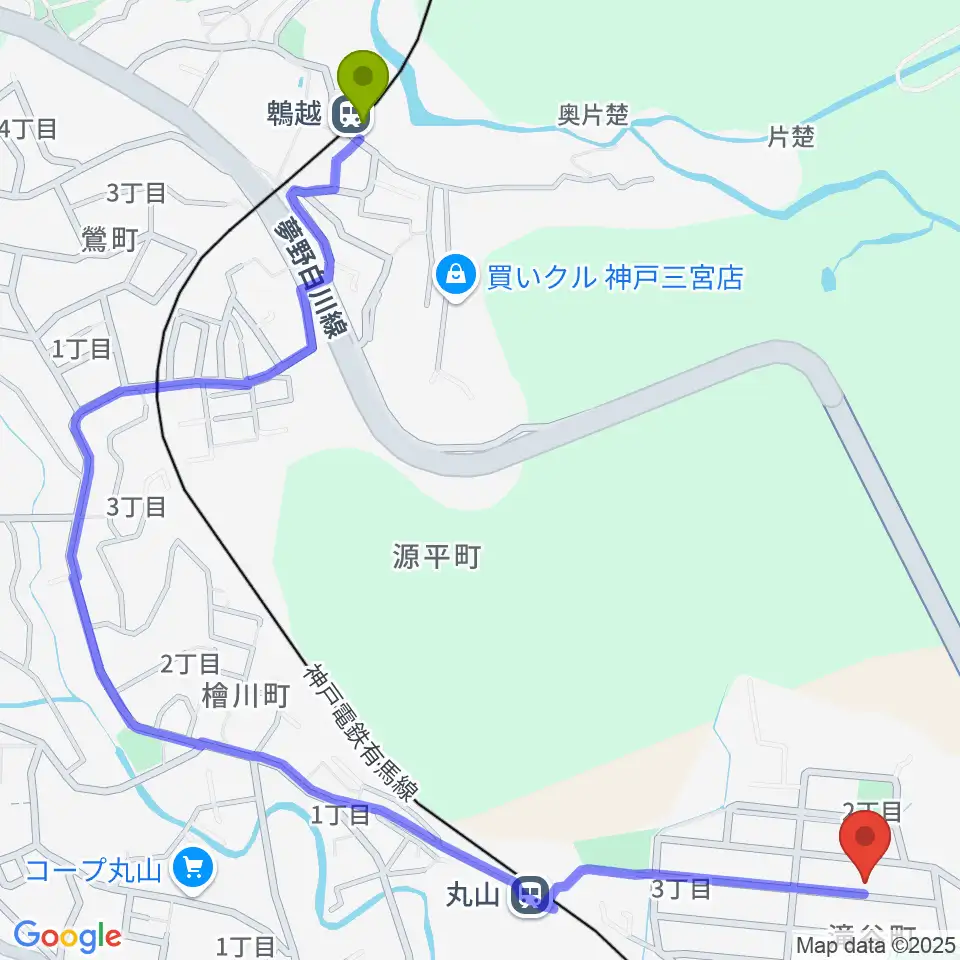 鵯越駅からアコースティック工房Heavenへのルートマップ地図