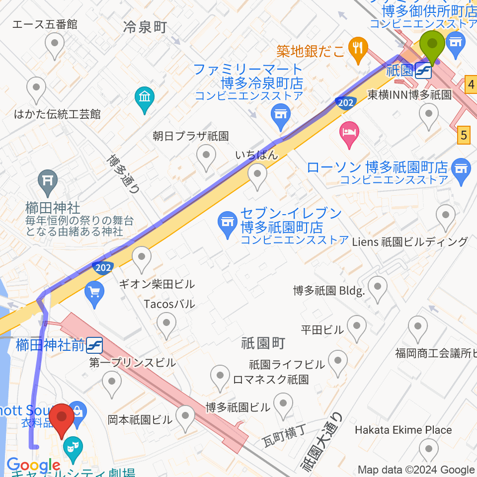 キャナルシティ劇場の最寄駅祇園駅からの徒歩ルート（約9分）地図