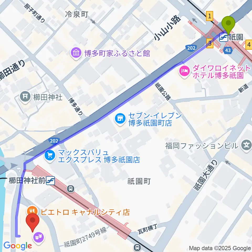 キャナルシティ劇場の最寄駅祇園駅からの徒歩ルート（約9分）地図