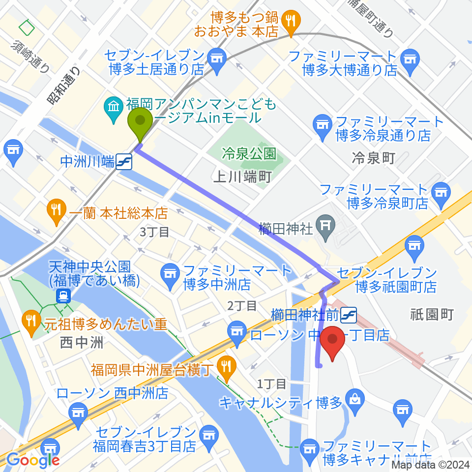 中洲川端駅からキャナルシティ劇場へのルートマップ地図