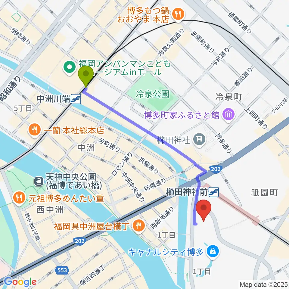 中洲川端駅からキャナルシティ劇場へのルートマップ地図