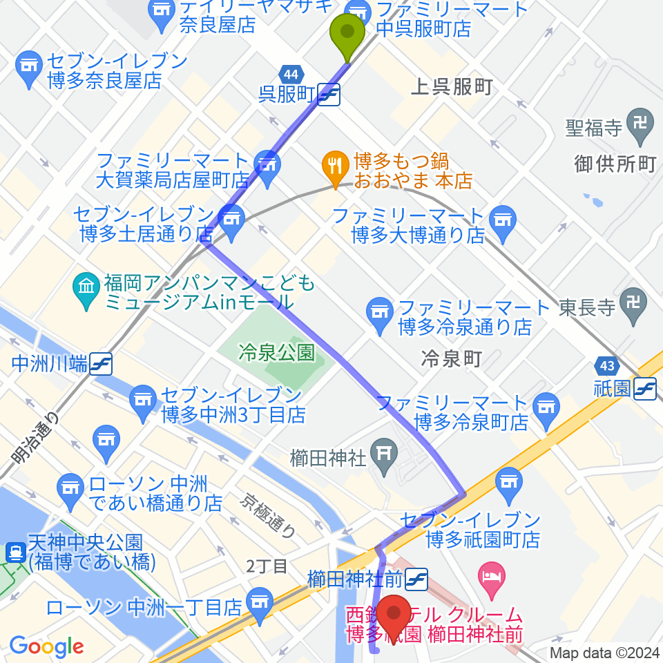 呉服町駅からキャナルシティ劇場へのルートマップ地図