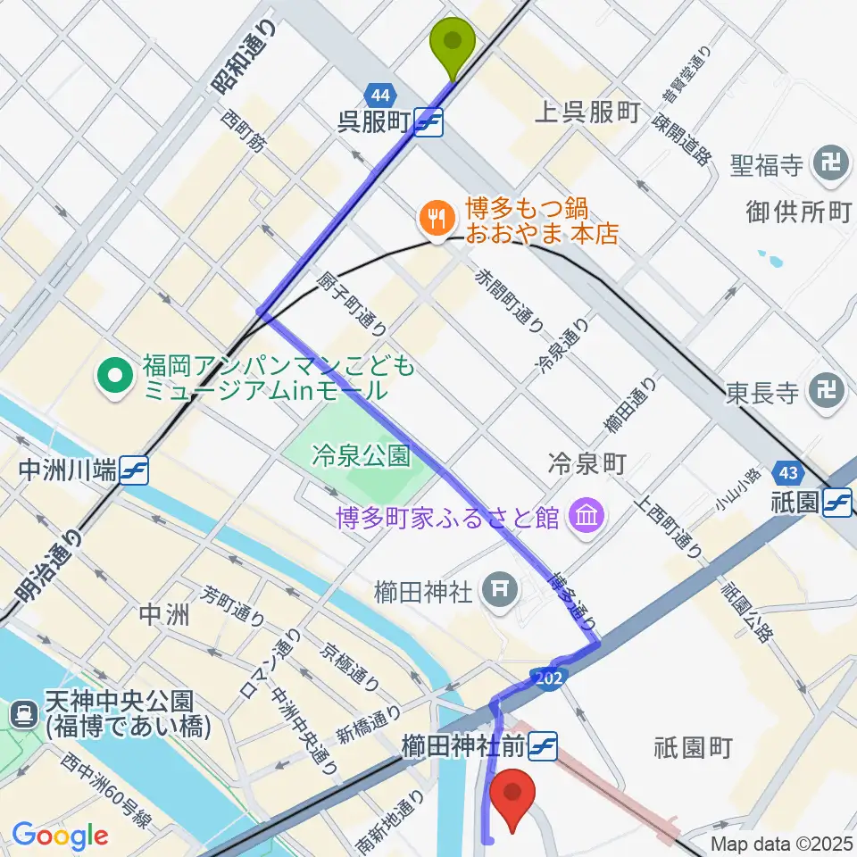 呉服町駅からキャナルシティ劇場へのルートマップ地図