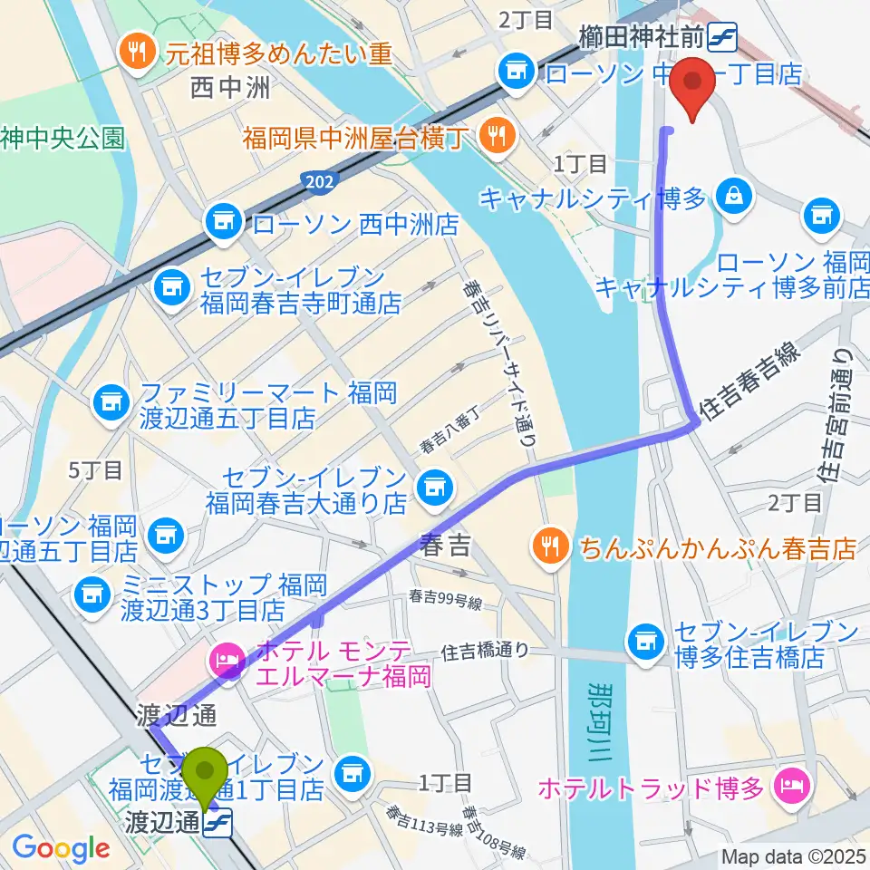渡辺通駅からキャナルシティ劇場へのルートマップ地図