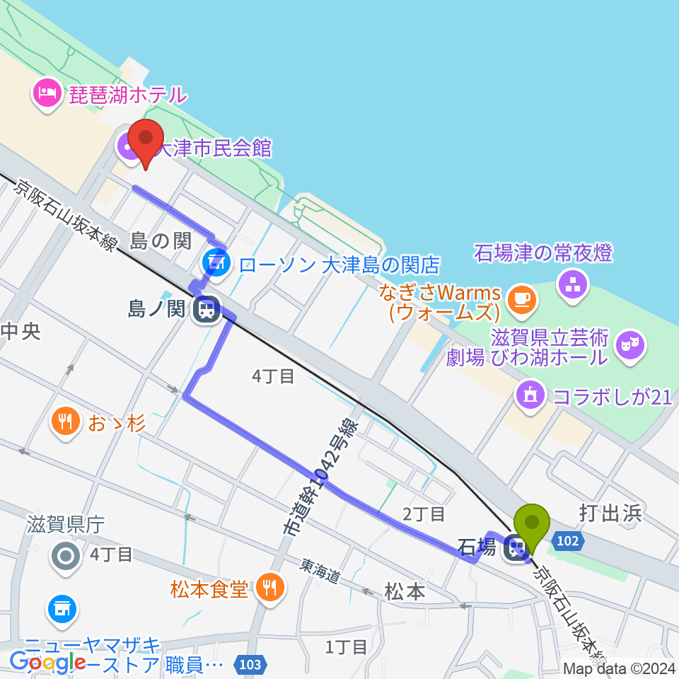 石場駅から大津市民会館へのルートマップ地図