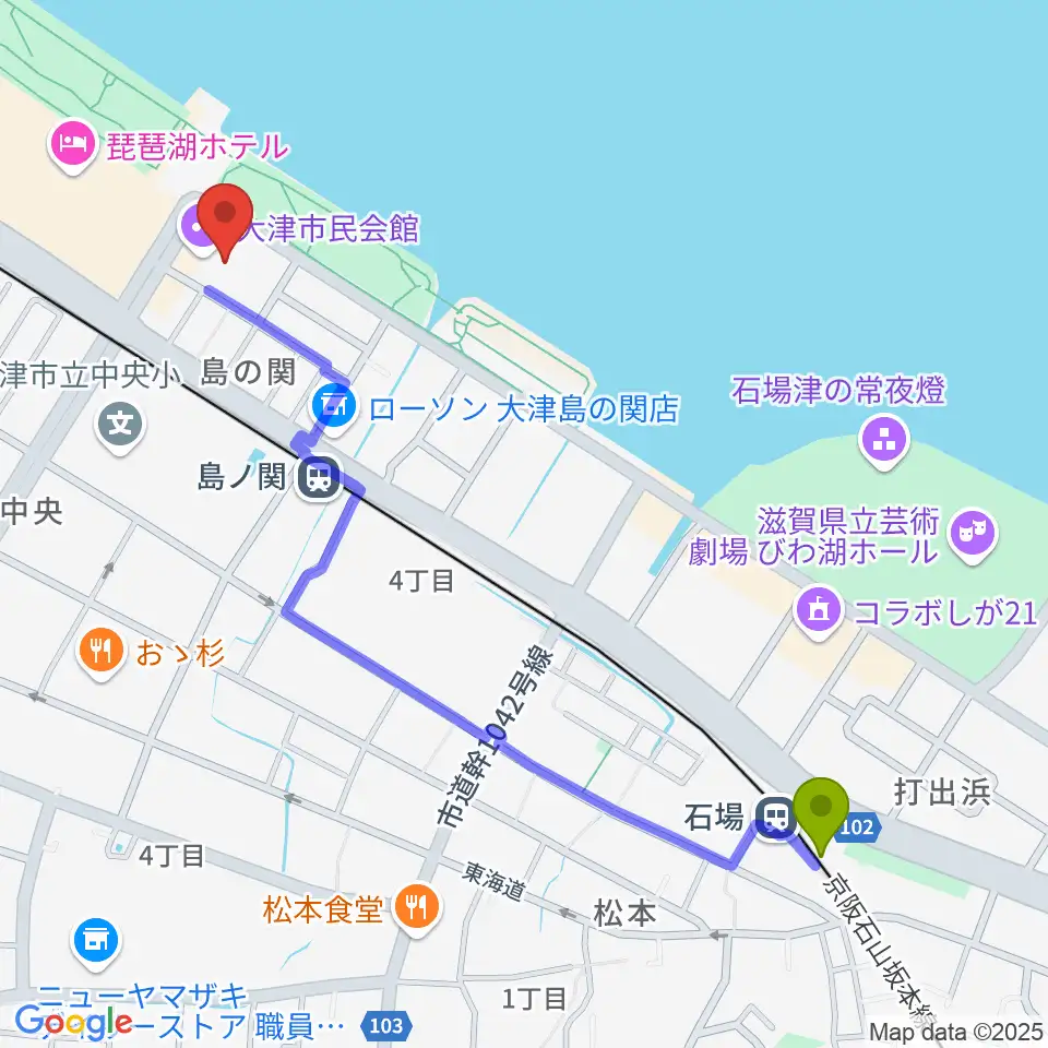 石場駅から大津市民会館へのルートマップ地図