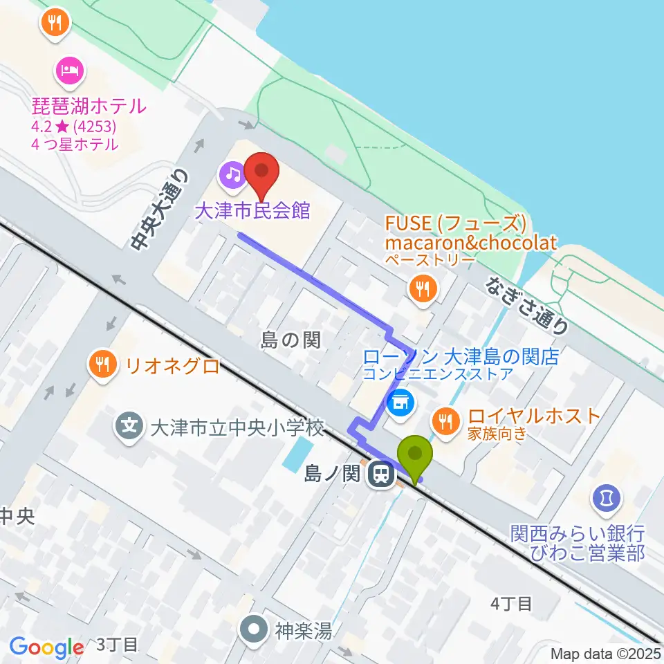 大津市民会館の最寄駅島ノ関駅からの徒歩ルート（約4分）地図