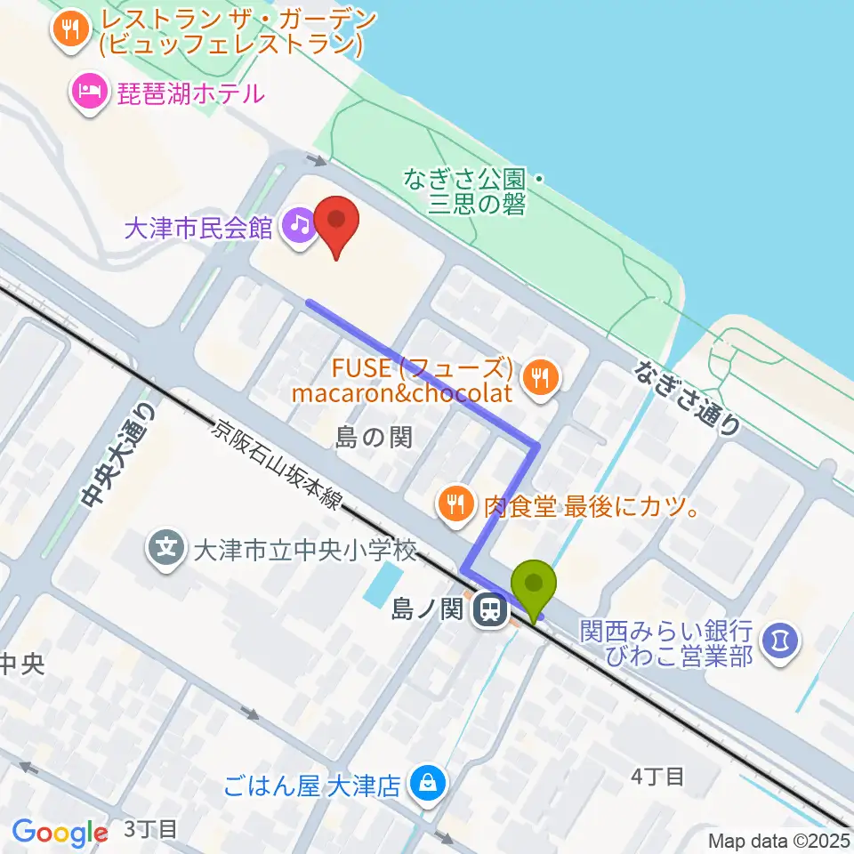 大津市民会館の最寄駅島ノ関駅からの徒歩ルート（約4分）地図