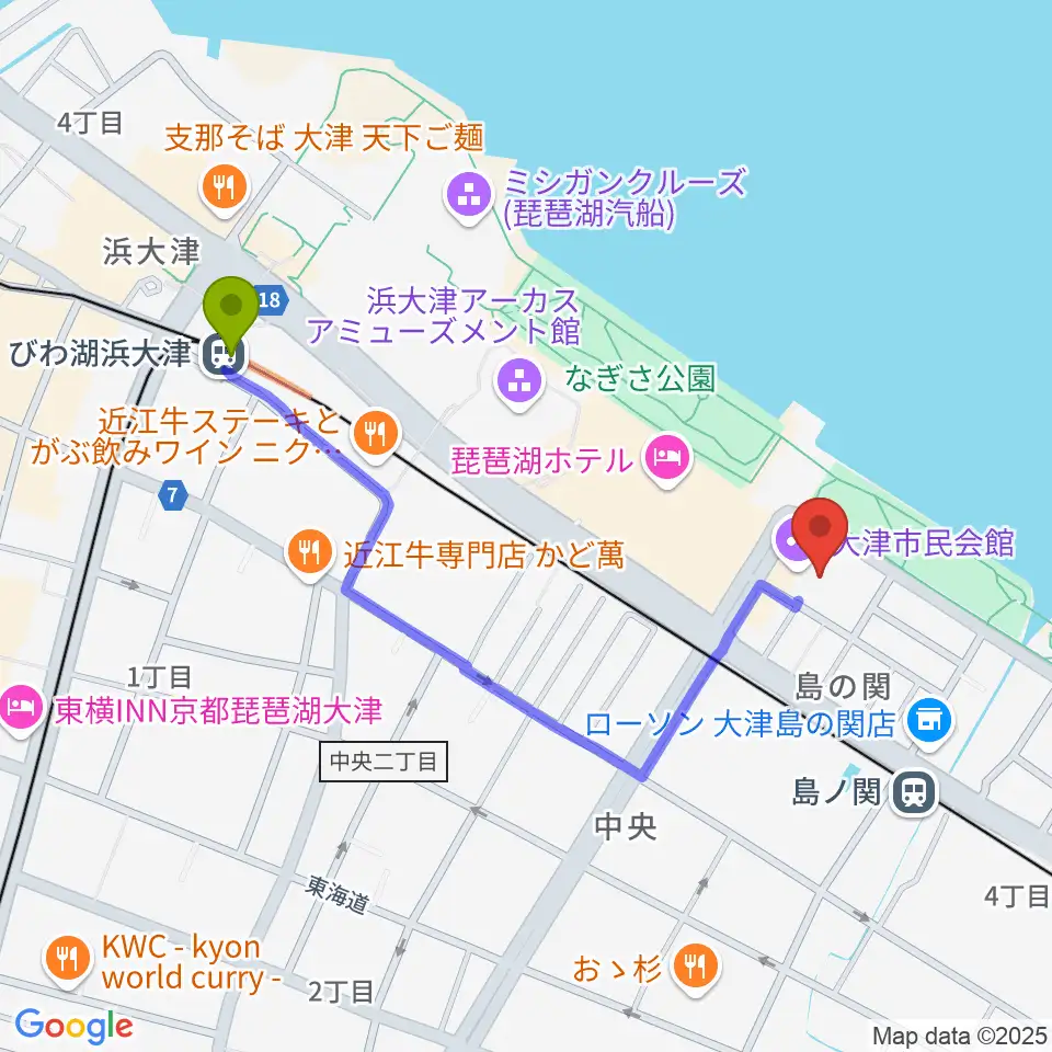 びわ湖浜大津駅から大津市民会館へのルートマップ地図