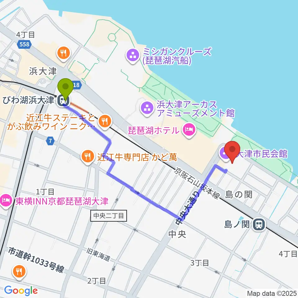 びわ湖浜大津駅から大津市民会館へのルートマップ地図