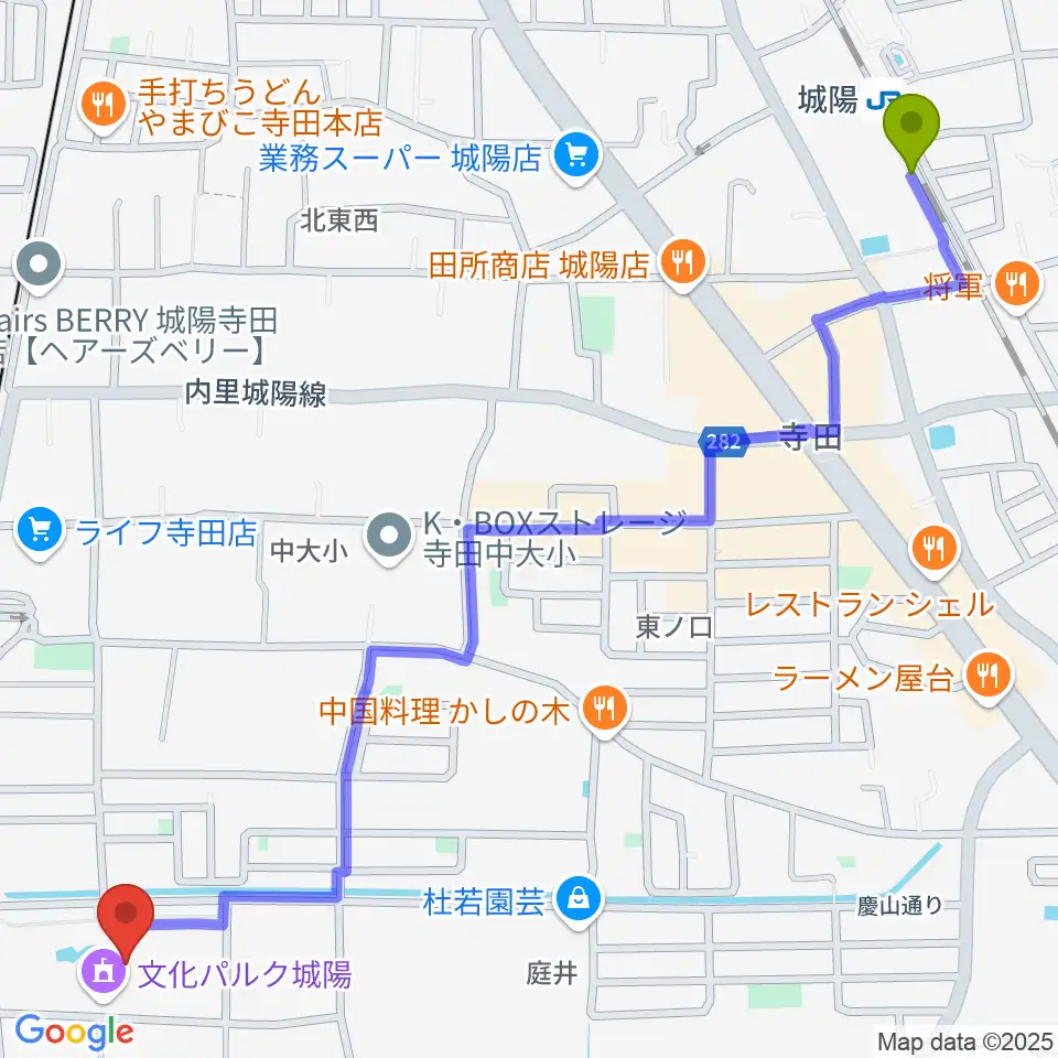 城陽駅から文化パルク城陽へのルートマップ地図