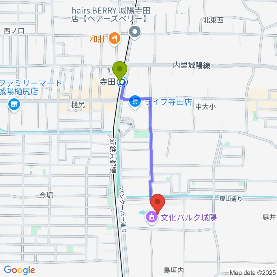 文化パルク城陽の最寄駅寺田駅からの徒歩ルート（約8分）地図