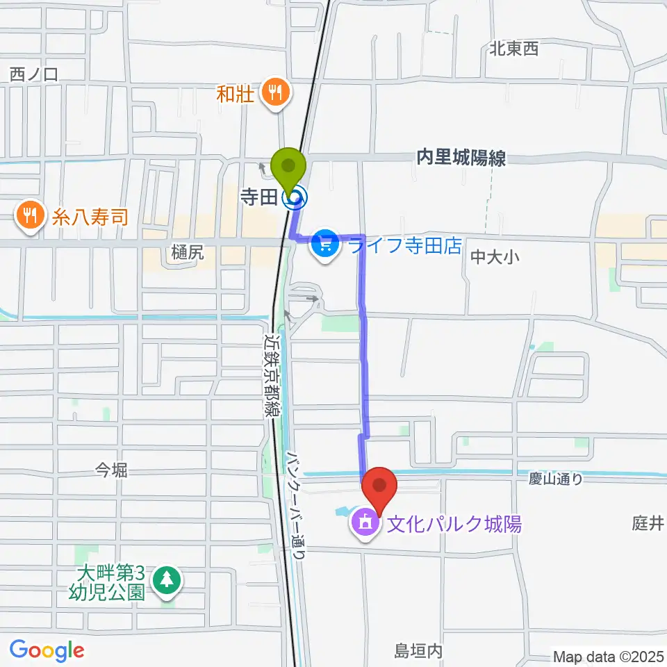 文化パルク城陽の最寄駅寺田駅からの徒歩ルート（約8分）地図