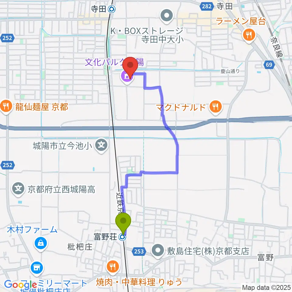 富野荘駅から文化パルク城陽へのルートマップ地図