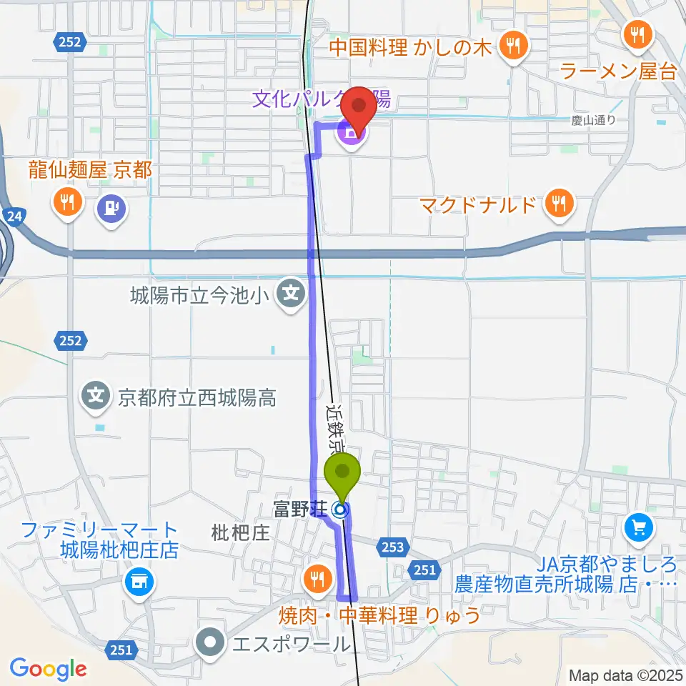 富野荘駅から文化パルク城陽へのルートマップ地図
