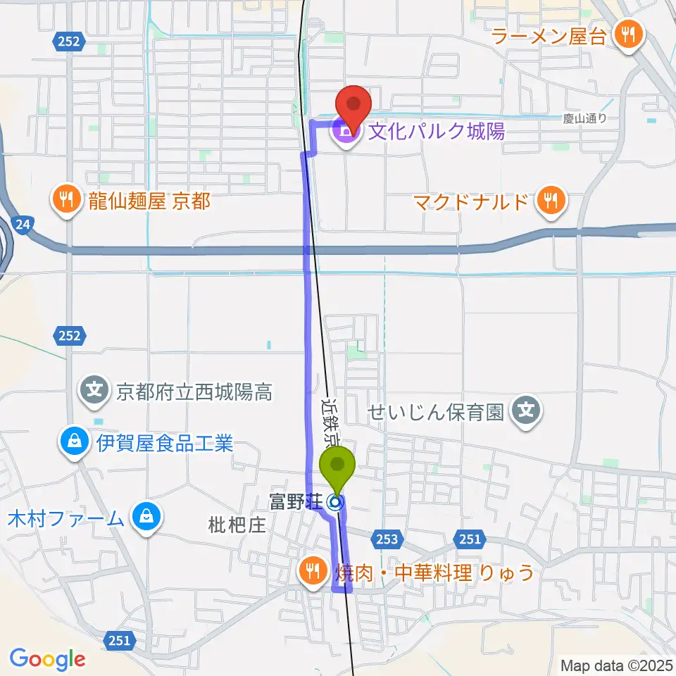 富野荘駅から文化パルク城陽へのルートマップ地図