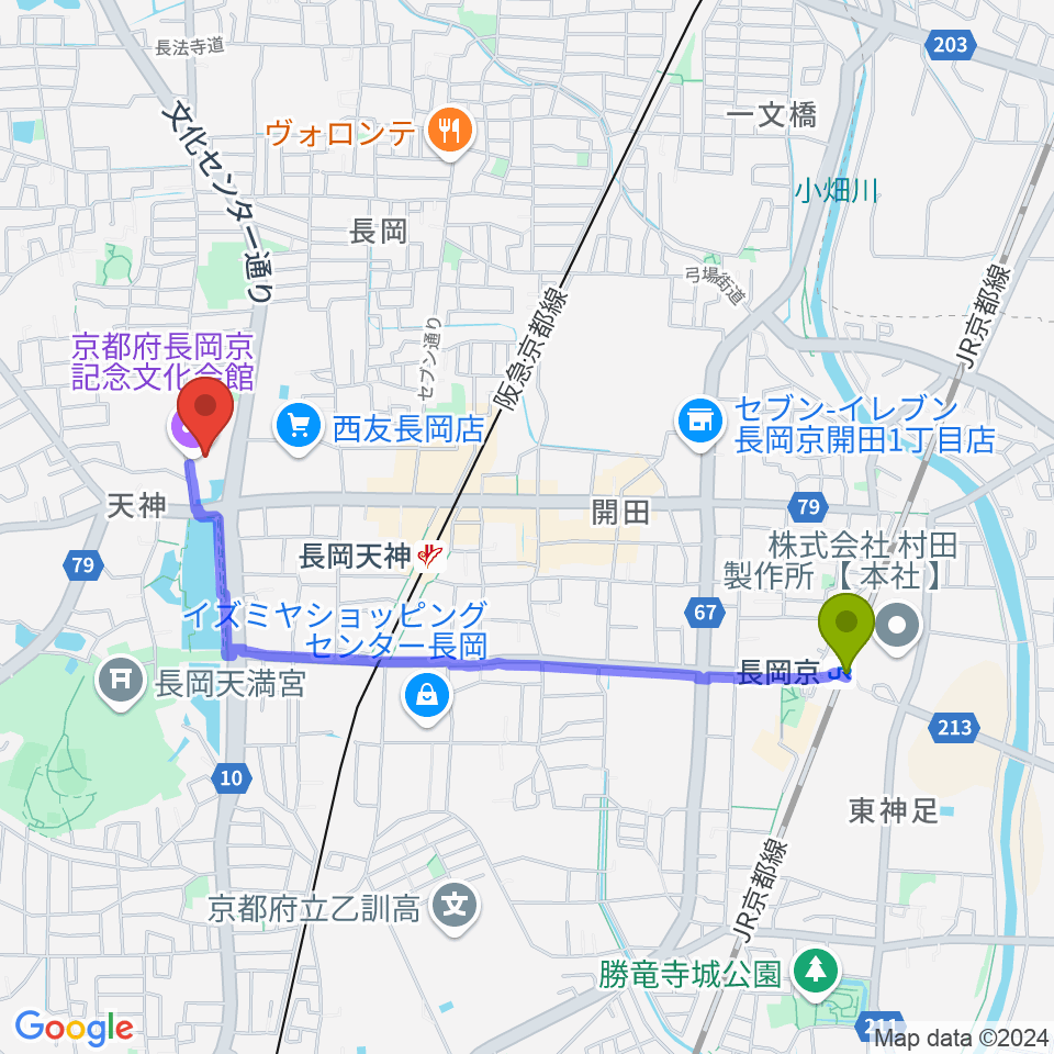 長岡京駅から京都府長岡京記念文化会館へのルートマップ地図