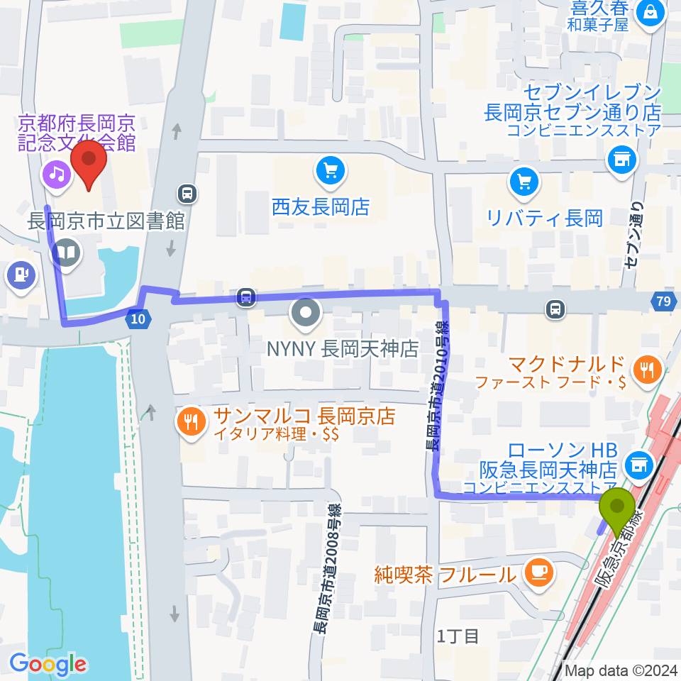 京都府長岡京記念文化会館の最寄駅長岡天神駅からの徒歩ルート（約7分）地図