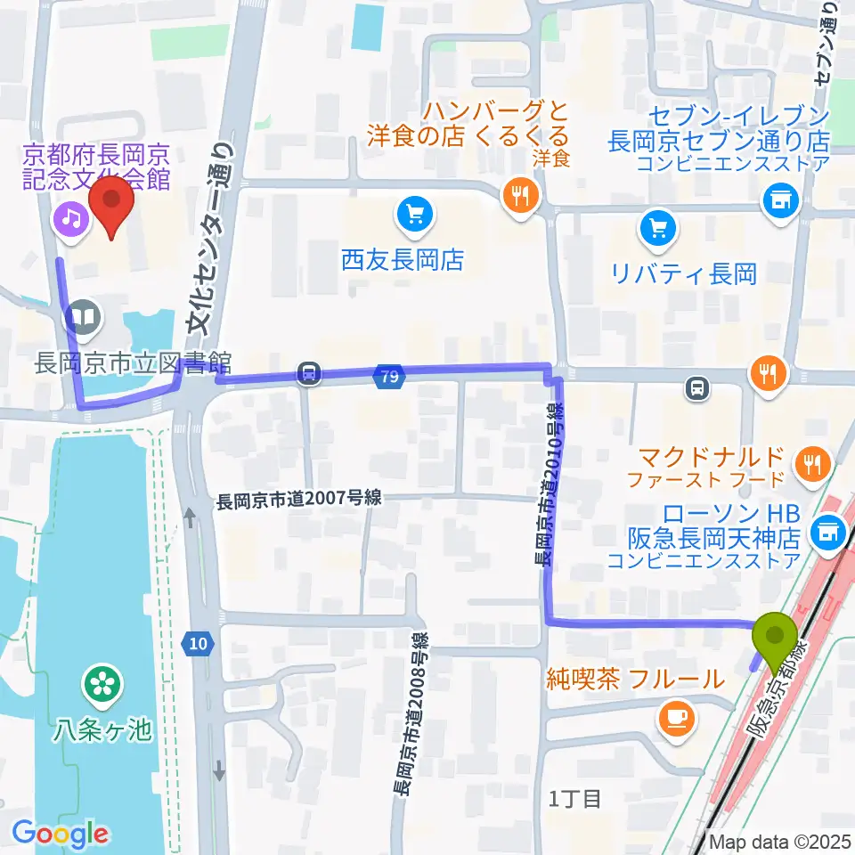 京都府長岡京記念文化会館の最寄駅長岡天神駅からの徒歩ルート（約7分）地図