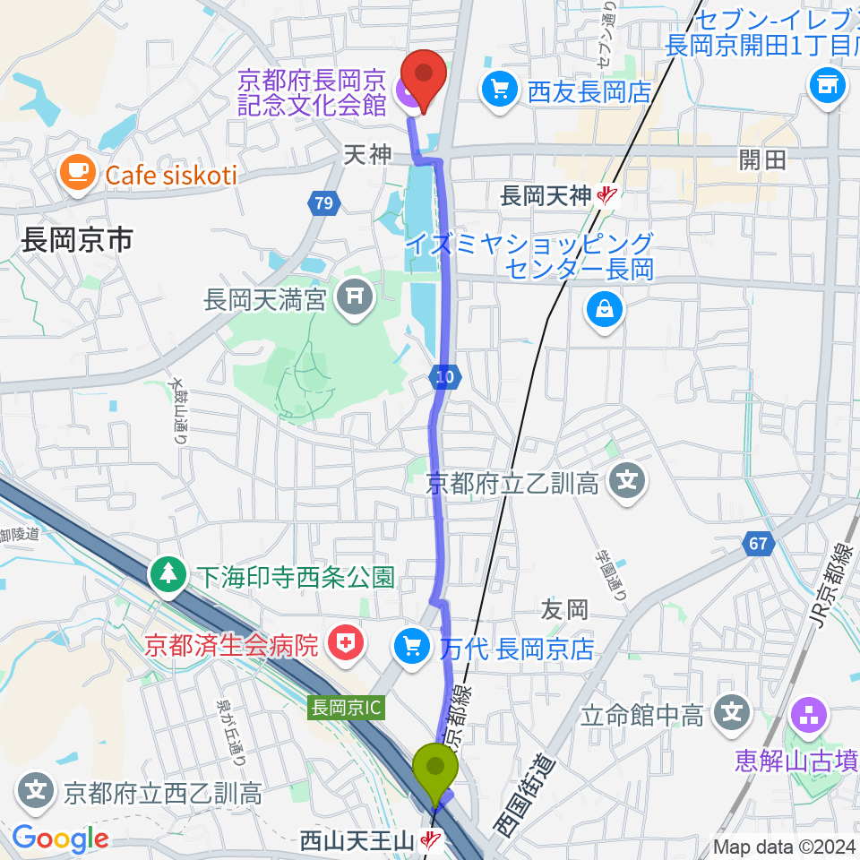 西山天王山駅から京都府長岡京記念文化会館へのルートマップ地図