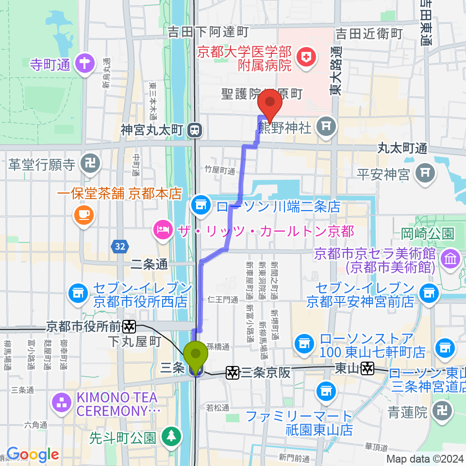 三条駅から京都教育文化センターへのルートマップ地図