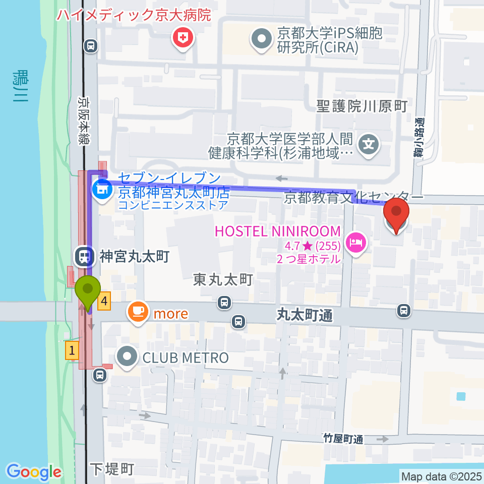 京都教育文化センターの最寄駅神宮丸太町駅からの徒歩ルート（約5分）地図