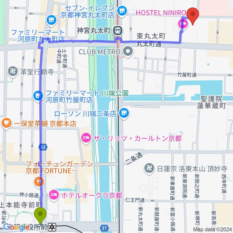 京都市役所前駅から京都教育文化センターへのルートマップ地図