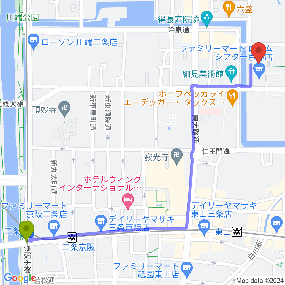 三条駅からロームシアター京都へのルートマップ地図