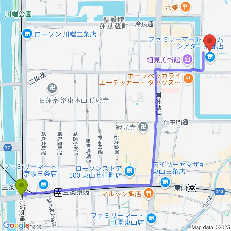 三条駅からロームシアター京都へのルートマップ地図