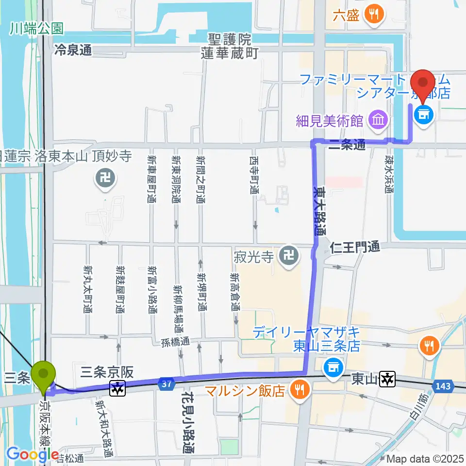 三条駅からロームシアター京都へのルートマップ地図