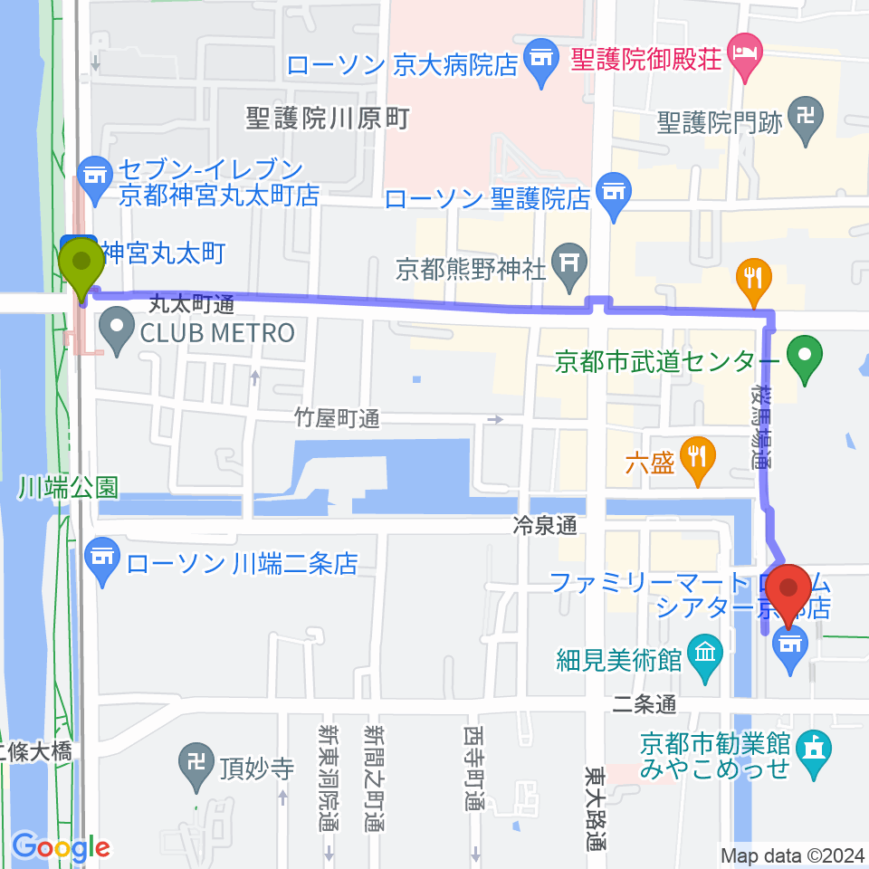神宮丸太町駅からロームシアター京都へのルートマップ地図