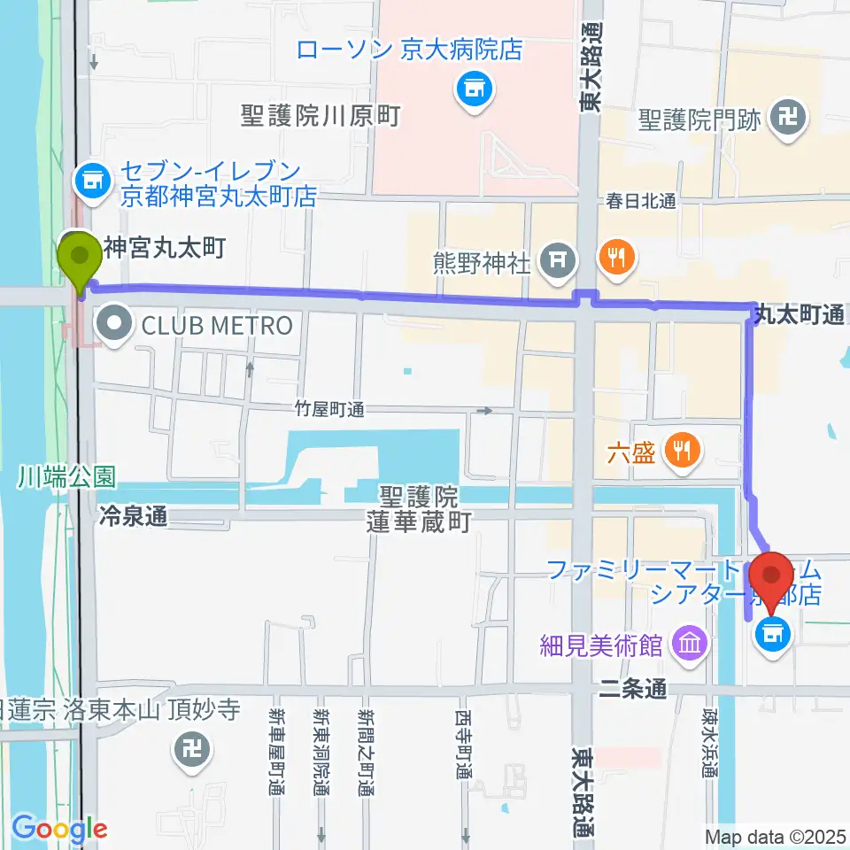 神宮丸太町駅からロームシアター京都へのルートマップ地図