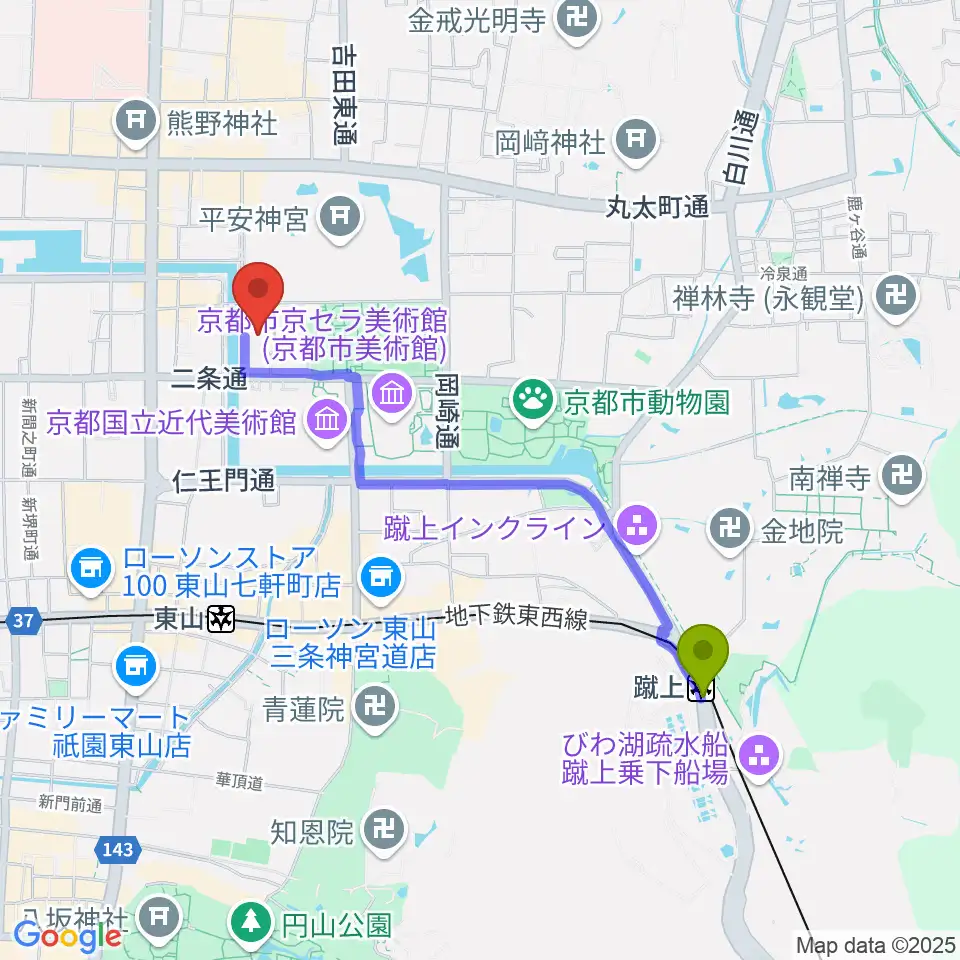 蹴上駅からロームシアター京都へのルートマップ地図