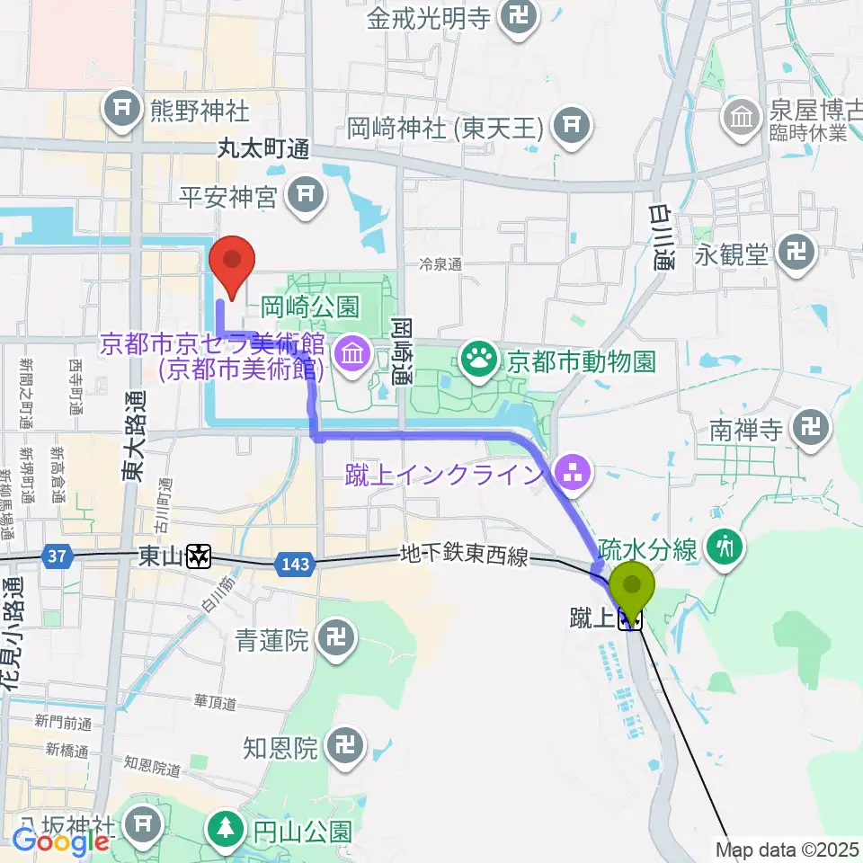 蹴上駅からロームシアター京都へのルートマップ地図