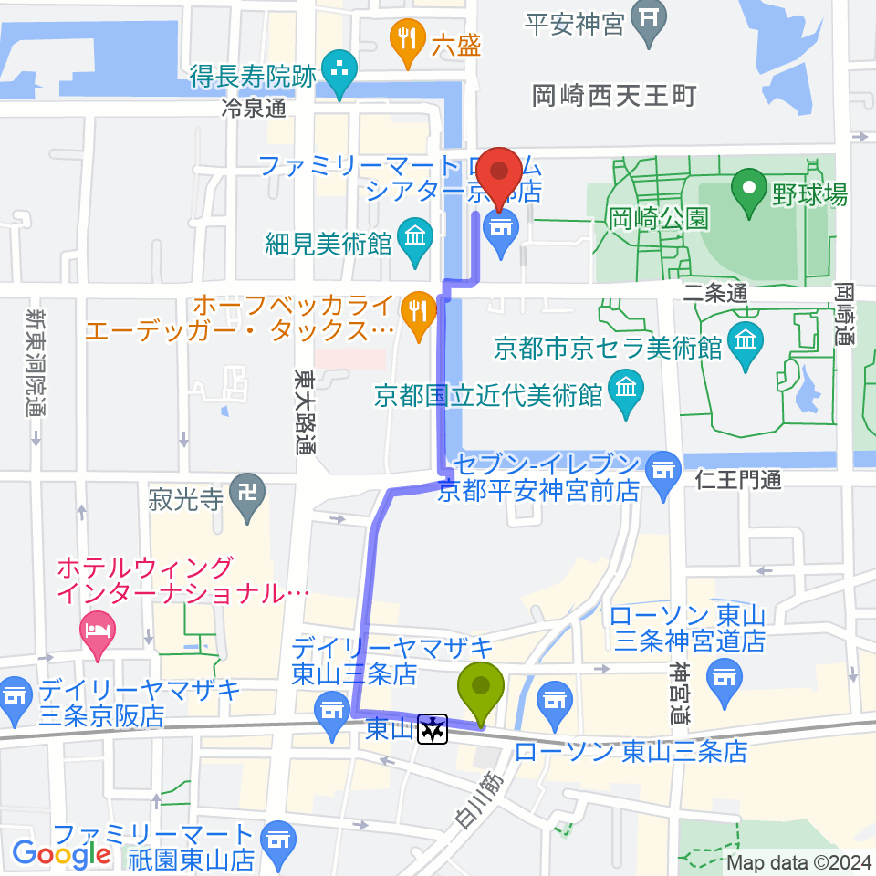 ロームシアター京都の最寄駅東山駅からの徒歩ルート（約9分）地図