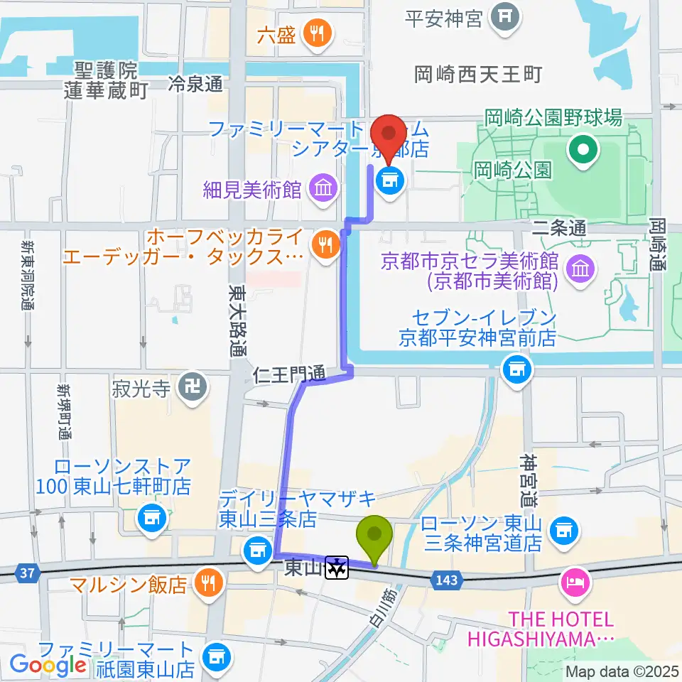 ロームシアター京都の最寄駅東山駅からの徒歩ルート（約9分）地図