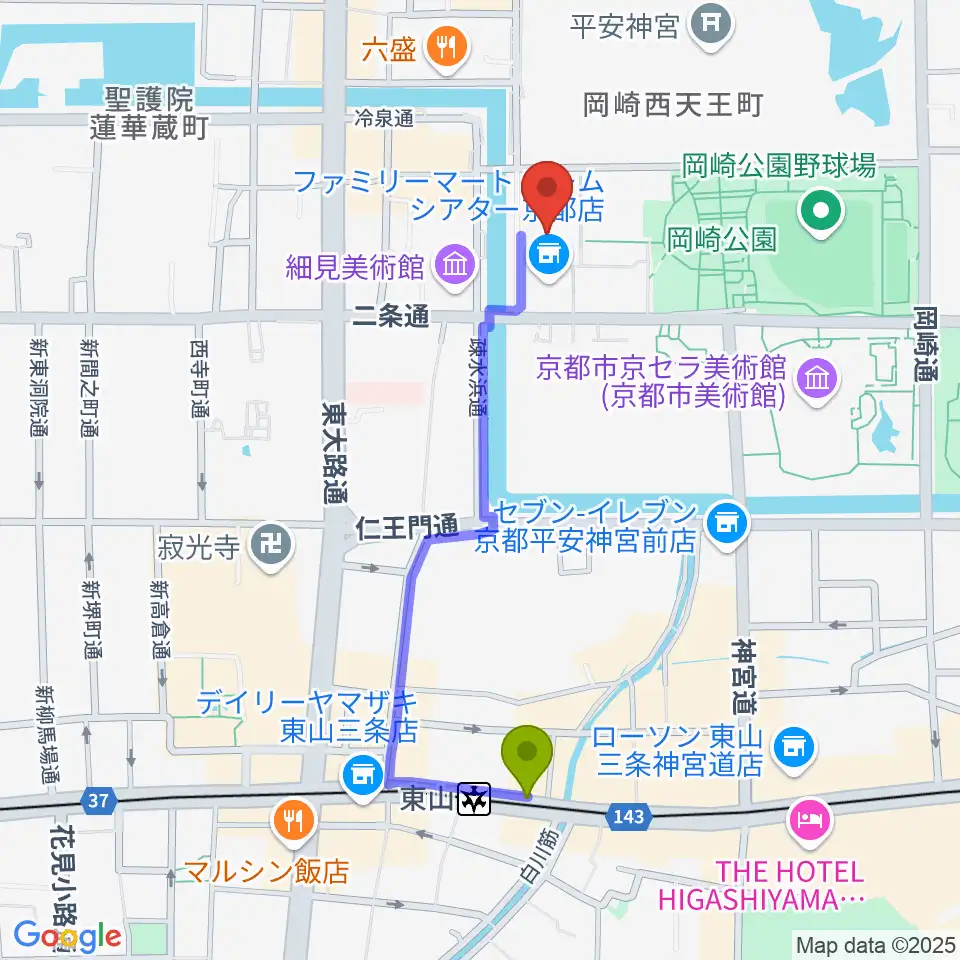 ロームシアター京都の最寄駅東山駅からの徒歩ルート（約9分）地図