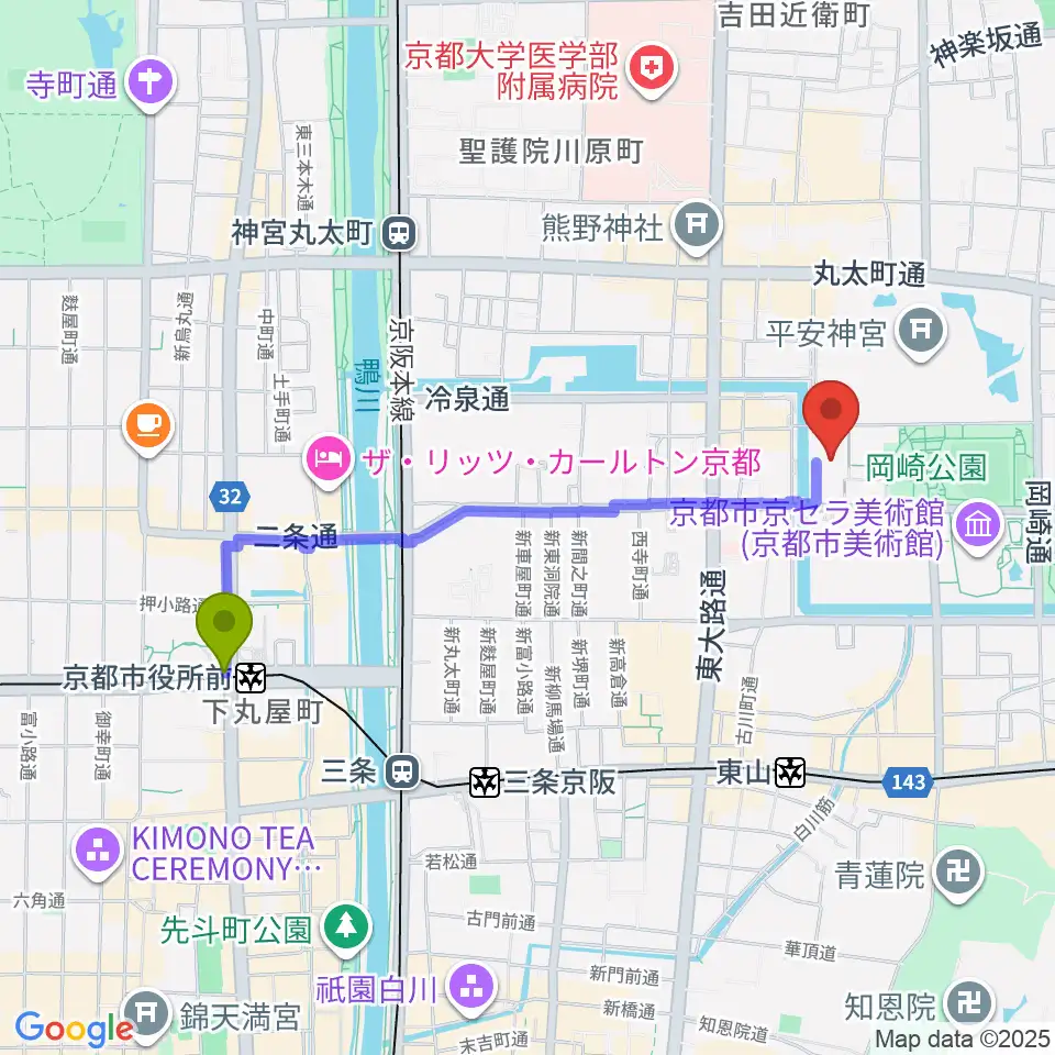 京都市役所前駅からロームシアター京都へのルートマップ地図