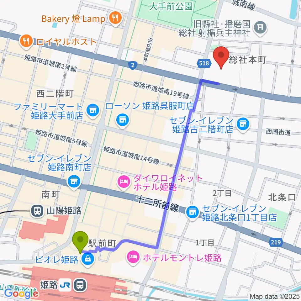 姫路市市民会館の最寄駅姫路駅からの徒歩ルート（約12分）地図